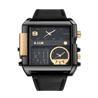 

611 Men Leather Band Rectangle Dial Analog Quartz Watches 3 Time Zones Waterproof Electronic Wristwatch