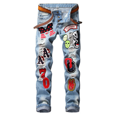 

Button Fly Letter Face Appliques Ripped Straight Jeans