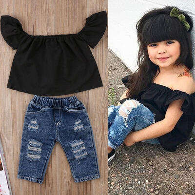 2Pcs Toddler Kids Baby Girls Off Shoulder Tops Denim Pants Outfits Set Clothes
