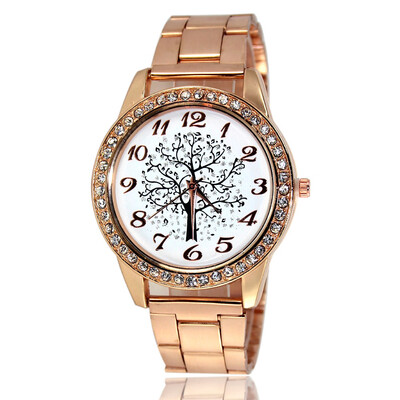 

Cooho Tree Pattern Women Artificial Diamond Dial Steel Analog Quartz Wrist Watch
