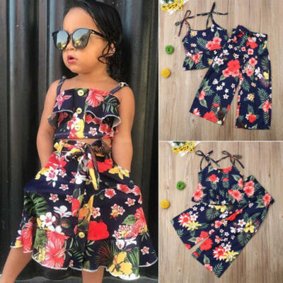 

US Toddler Kid Baby Girl Clothes Off Shoulder Flower Top Strap Long Pants Outfit