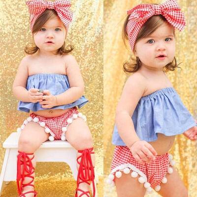 

3PCS Toddler Newborn Baby Girls Off Shoulder TopsShorts PantHeadband Clothes Outfit Set