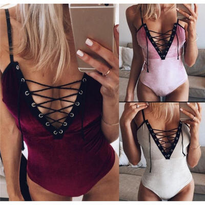

Womens V Neck Lace Up Leotard Top Bodysuit Long Sleeve Bodycon Jumpsuit Playsuit