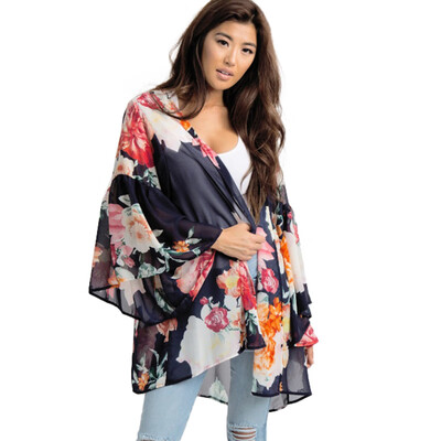 

Casual Women Chiffon Kimono Floral Print Long Sleeve Loose Thin Cardigan Sun-proof Beach Coat