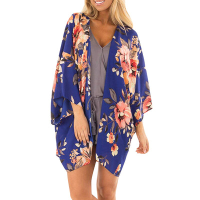 

New Women Chiffon Kimono Cardigan Floral Print Boho Loose Outerwear Beach Bikini Cover Up Blue