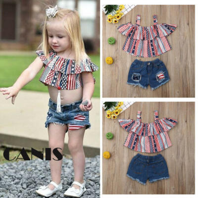 

US Toddler Kids Baby Girl Outfits Clothes Striped T-shirt TopsDenim Shorts 2PCS