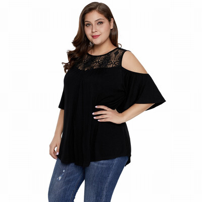 

Plus Size shirt summer round neck short sleeve crochet lace stitching T-shirt