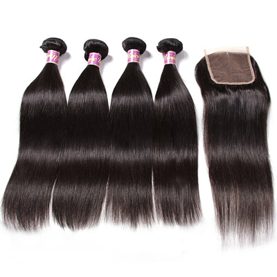 

UNice 8A indian Straight Hair Bundles with Closure 100 Virgin Human Hair
