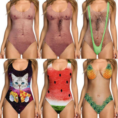 

US Sexy Funny Joke Chest Printed Women Swimsuit Bathing suit Swimwear Bodysuit