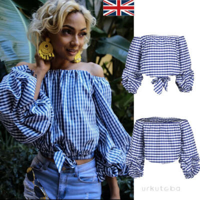 

UK Hot Women Summer Loose Casual Off Shoulder Shirt Crop Tops Blouse Blue Top