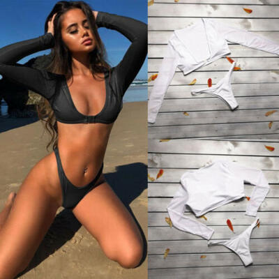 

UK Womens Swimwear Long sleeves Bra Tank Top&Briefs Two Pieces Bikini Set W