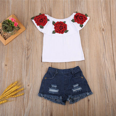 

2PCs Toddler Kids Baby Girls Outfits 3D Flower Tops Shirt Denim Pants Outfits