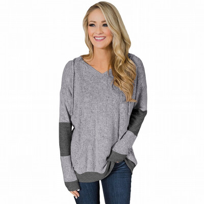 

Loose bottoming shirt womens T-shirt V-neck long-sleeved hooded hood