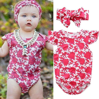 

2pcs Summer Newborn Kid Baby Girl Floral Romper Tiara Clothes cute