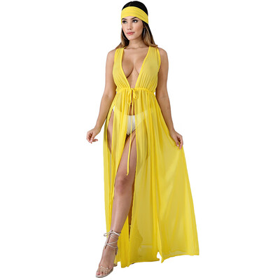 

Women Chiffon Long Cardigan Sleeveless Split Drawstring Waist Loose Maxi Bikini Cover Ups Dress Beachwear
