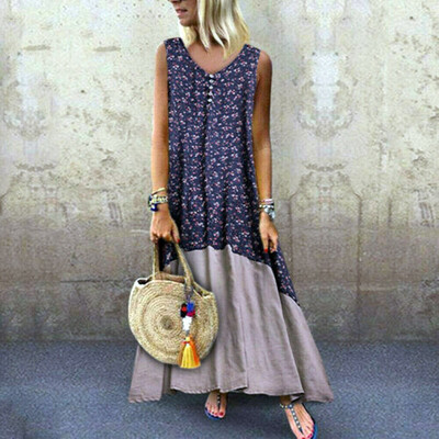 

Plus Size Womens Retro Loose Sleeveless Linen Dress Kaftan Long Maxi Dresses