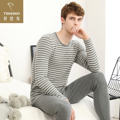 

Filament bird TINSINO thermal underwear close to men&women round neck stripes slim thick couple models autumn clothes long pants set horizontal strips sleepy dark gray L