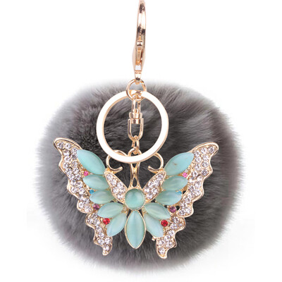 

Soft 8CM Rex Rabbit Hair Ball Butterfly Alloy Keychain Couple Mobile Phone Bag Hanging