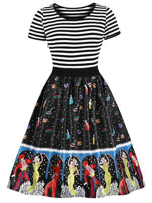Cartoon Figure Print Striped Panel A Line Dress