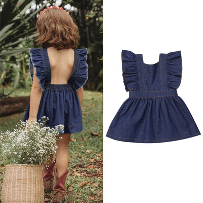 

Toddler Baby Kids Girls Solid Fly Sleeve Ruched Denim Princess Dresses Clothes