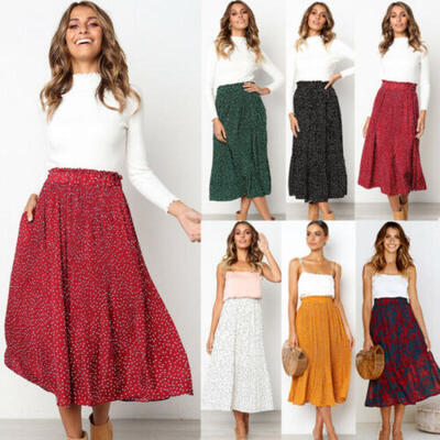 

Women Vintage Polka Dots Elastic Band Loose Autumn Polyester Long Skirt Retro