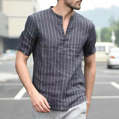 

Summer Mens Linen V Neck Short Sleeve Basic Tee T-shirt Casual Tops Blouse