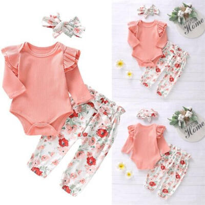 

3PCS Newborn Baby Girl Kid Tops Romper Floral Pants Headband Outfits Set Clothes