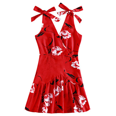 

Women Dress Sexy Fashion Knotted Strap Plunging Neck Backless Flounce Hem Floral Print
