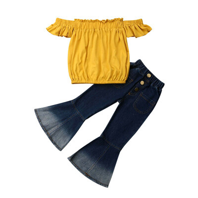 

Toddler Kids Baby Girls Off Shoulder Tops Denim Pants Jeans Outfits Clothes Set