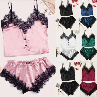 

2pcs Women Sexy Satin Lace Sleepwear Babydoll Lingerie Nightdress Pajamas Set