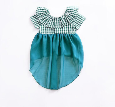 

Childrens clothing in Europe&the United States summer girl fashion green grid stitching gauze irregular tail skirt