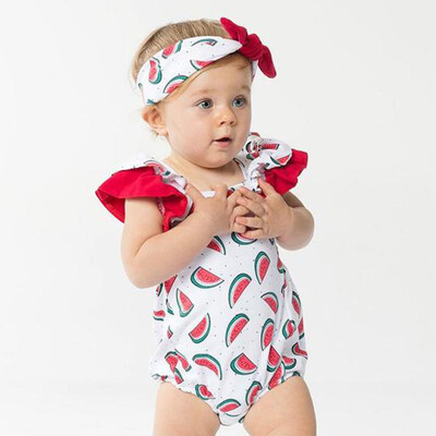 

Toddler Baby Girl Boy Ruched Watermelon Print Romper Bodysuit Hairband Clothes