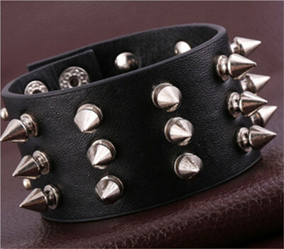 

Mens Womens Metal Cone Stud Rivet Spike Punk Leather Bangle Cuff Bracelet Wristband