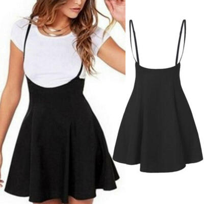 

Women Summer Club Party Beach Mini Suspender Overalls Zipper Skirt Black Dress