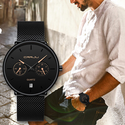 

Gobestart CRRJU Mens Watch Waterproof Calendar Steel Mesh with Chronograph Quartz Watch