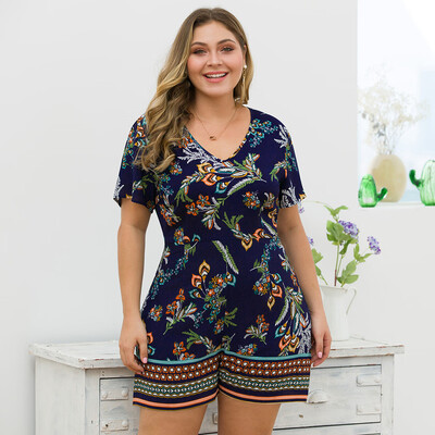 

Starmoon Womens Plus Size V-neck Short-Sleeved Waist Wide Leg Print Splice Jumpsuit