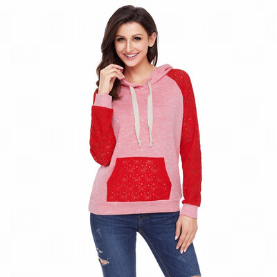 

Long-sleeved coral lace two-tone hooded casual daily sweatshirt