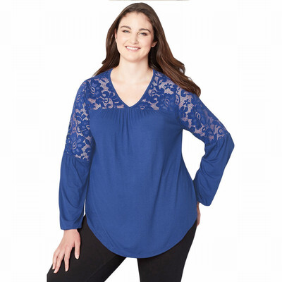 

Large size loose tops womens V-neck long-sleeved lace T-shirt