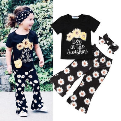 

2018 Hot Sale Summer Fashion Baby Girl Soft&Comfortable Letter T-Shirt Sunflower Flare Trousers Casual Short Sleeve Set