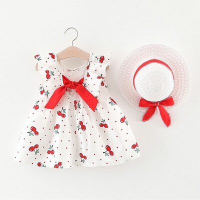 

Toddler Baby Kids Girls Sleeveless Cherry Dot Princess Dresses Bow Hat Outfits