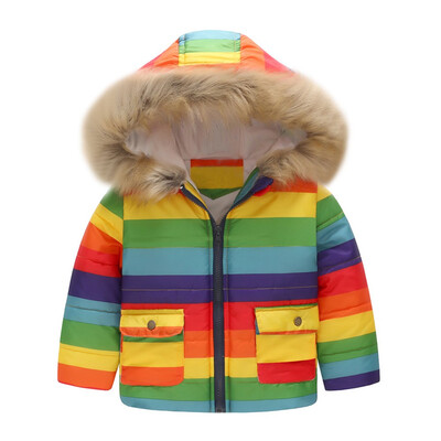 Toddler Baby Girl Boy Stripe Rainbow Winter Warm Jacket Hooded Windproof Coat