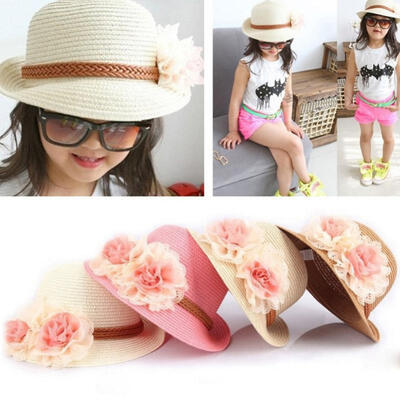 

Toddlers Infants Baby Girls Flower Summer Straw Sun Beach Hat Cap