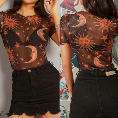 

Women Fashion Moon Print T-Shirt Sheer Mesh Party Blouse Ladies Summer Crop Tops Round Neck Exposed Mesh Mesh Perspective