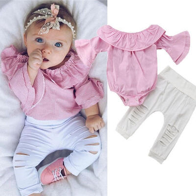 

Fashion Infant Baby Girls Plaid Print Ruffles Romper TopsHole Pants Outfit Set