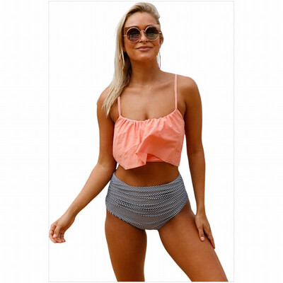 

Swimwear Sexy Tube Top Sling Striped High Waist Split with Chest Pad Swimsuit