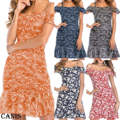 

UK Womens Off Shoulder Lace Up Floral Sundress Ladies Summer Holiday Mini Dress
