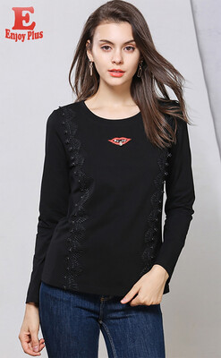 

M L XL XXL 3XL 4XL 5XL plus size cotton casual autumn 2018 basic women t shirt long sleeve big size black lace elegant beaded