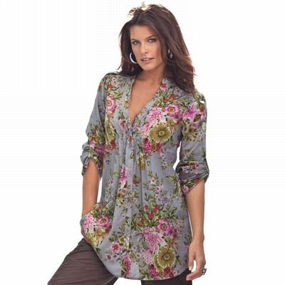 

V-neck half-sleeve button floral print shirt casual loose top