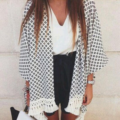 

Small Women Blouse Geometry Printed Summer Chiffon Coat Shawl Kimono Cardigan