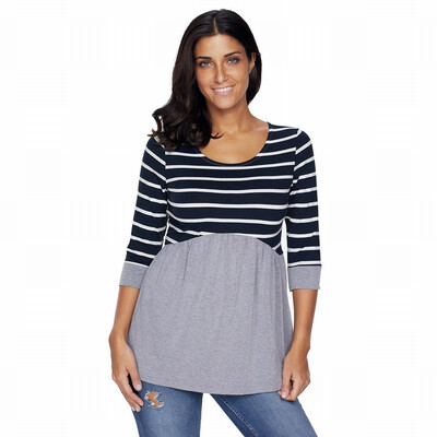 

Round neck cropped sleeves two-color striped stitching hem casual top